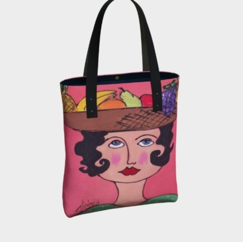 Tote Bag Purse Made from Victoria's Art Woman with Fruit Basket on Head NWOT